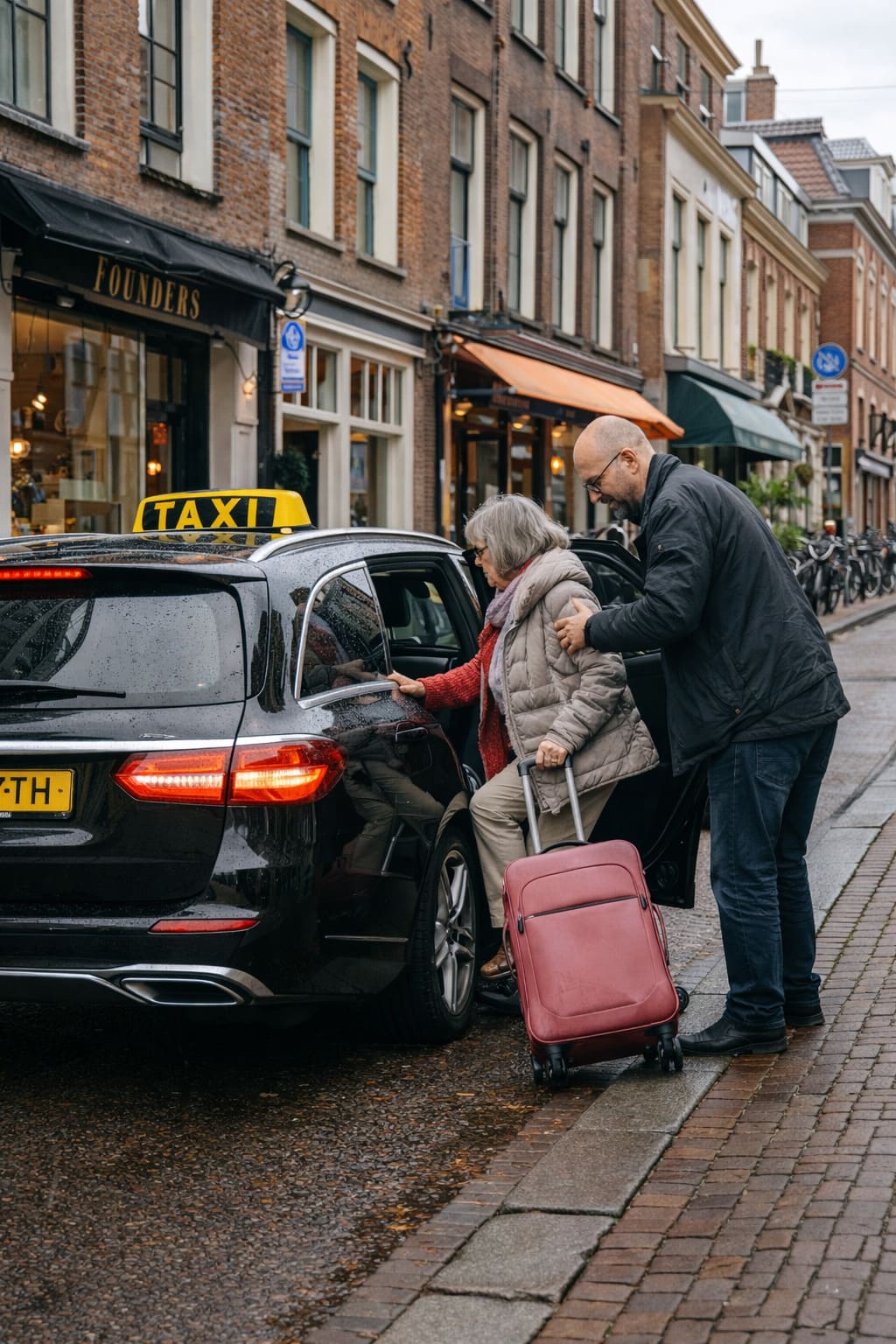 Professional taxi driver helping passenger into black Mercedes taxi in Haarlem